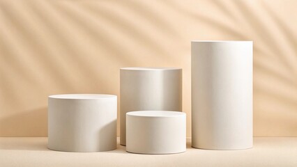 An elegant and contemporary scene with smooth, untextured cylindrical display risers against a backdrop illuminated by soft, organic leaf shadows, creating a tranquil and sophisticated setting for bea
