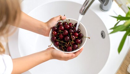 Child washing cherries in a white bowl under running water