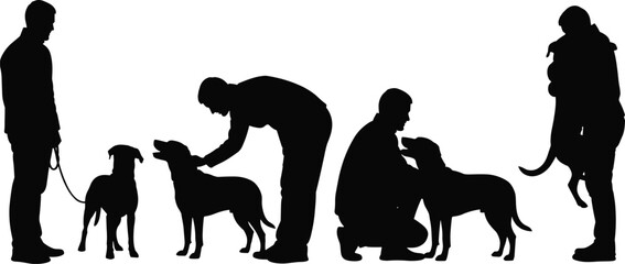 Silhouettes of people interacting with dogs, pet training moment, outdoor bonding, animal care, companionship, gesture pose, black vector design