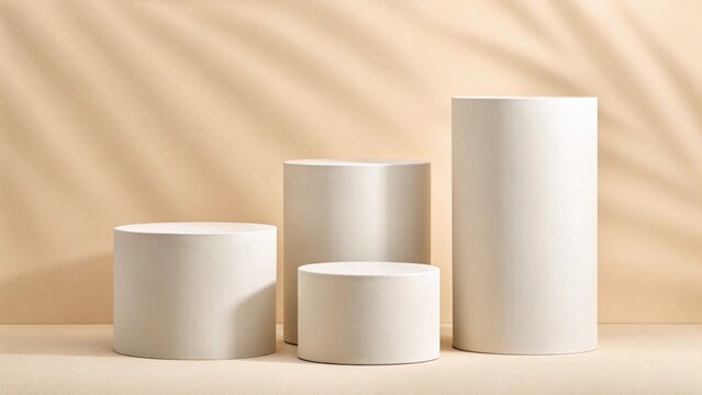 An elegant and contemporary scene with smooth, untextured cylindrical display risers against a backdrop illuminated by soft, organic leaf shadows, creating a tranquil and sophisticated setting for bea
