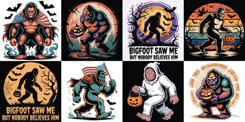 Bigfoot Halloween Vector Bundle – 8 Scary & Funny Sasquatch Illustrations with Pumpkin, Bats, Moon & Costumes for Sublimation & T-Shirt Designs