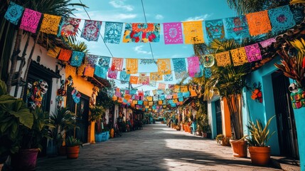 Fototapeta premium Clean street view with papel picado, peaceful Mexican Day of the Dead festivity in soft minimalist air
