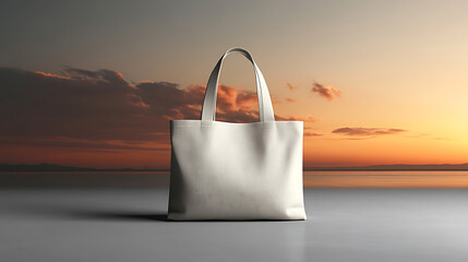 Blank White Tote Bag Mockup at Sunset Beach