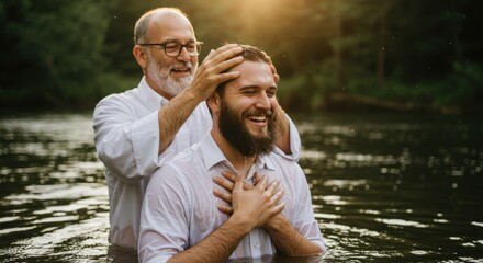 A man being baptized in water by an older man. Christian ritual symbolizing new life in faith. Religious ceremony in nature.