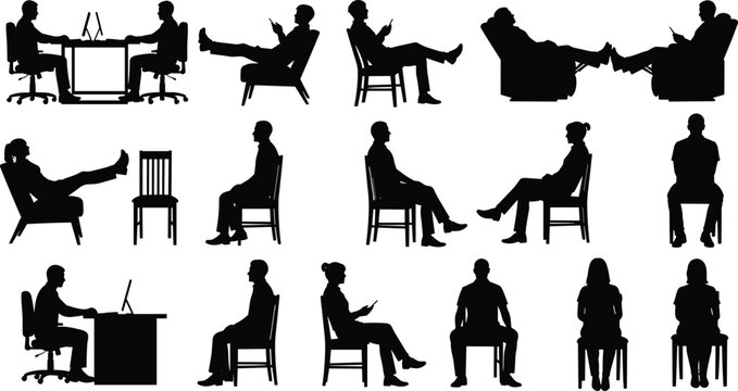 Silhouette of sitting people, office and leisure poses, chair usage illustration, reading, working, lounging concept, workplace activity, relaxation moment