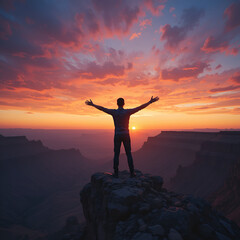 Male Silhouette on Cliff Against Vibrant Sky at Sunset, Embracing Freedom in Nature's Majesty
