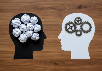 Two human head silhouettes, one filled with crumpled paper and the other with gears, symbolizing contrasting thought processes and mental states.