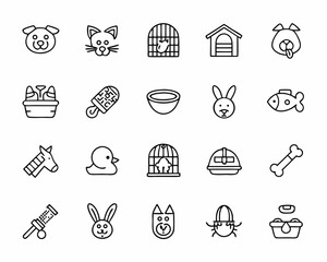 Collection of pet care and animal icons in a simple outline style