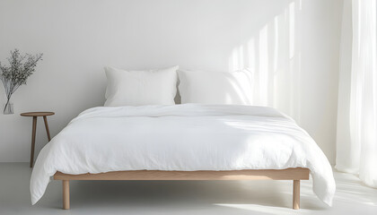 Pristine white bed with freshly made crisp sheets and pillows. This clean, comfortable, modern bedroom furniture offers serene relaxation and peaceful slumber in a minimalist home interior