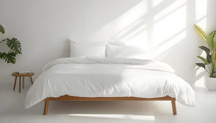 Pristine white bed with freshly made crisp sheets and pillows. This clean, comfortable, modern bedroom furniture offers serene relaxation and peaceful slumber in a minimalist home interior