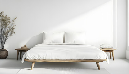 Pristine white bed with freshly made crisp sheets and pillows. This clean, comfortable, modern bedroom furniture offers serene relaxation and peaceful slumber in a minimalist home interior