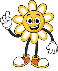 Fototapeta premium Smiling Cartoon Yellow Flower Character Pointing Up