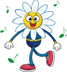 Happy Cartoon Daisy Flower Character Dancing with Musical Notes
