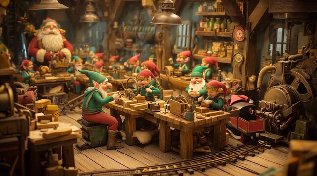A bustling yet cozy Christmas workshop where cheerful elves craft toys with care. A festive, magical scene perfect for holiday stories, children&rsquo;s media, and seasonal branding projects.

