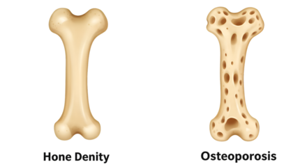 A medical illustration comparing a healthy, high-density bone to a bone affected by osteoporosis.