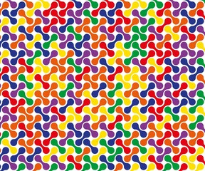 Colorful seamless pattern of interconnected shapes on a white background creating a vibrant texture