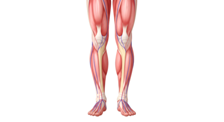 Detailed anatomical illustration of human lower limbs displaying muscles, veins, and arteries.