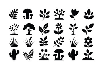 Black botanical silhouettes of plants leaves trees flowers mushrooms and cacti vector