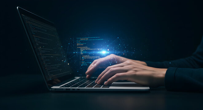 Hands typing on a laptop with glowing abstract data and network lines, symbolizing programming, software development, and digital information flow.