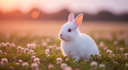 Fluffy White Rabbit in Clover Field at Sunset with Pastel Light