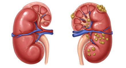 Medical illustration depicts a healthy kidney and a kidney afflicted with kidney stones, showing internal anatomy.