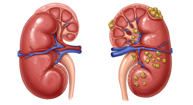 Medical illustration depicts a healthy kidney and a kidney afflicted with kidney stones, showing internal anatomy.