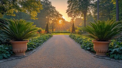 Obraz premium Sunlit garden path at dawn