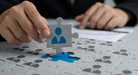 Hand placing a puzzle piece with a human icon into a gap, symbolizing talent acquisition, recruitment, and finding the right fit for a team.