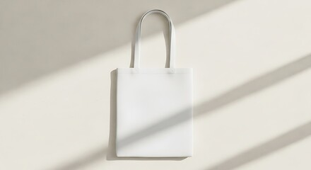 Simple white tote bag mockup on a light background casting soft shadows, top view.