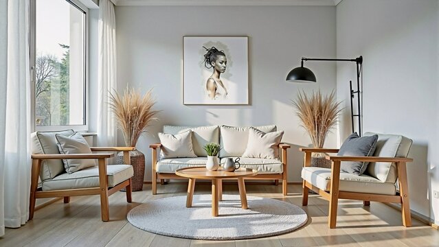 Bright, minimalist living room with natural light streaming in, featuring a sofa, armchairs, and tasteful decor.