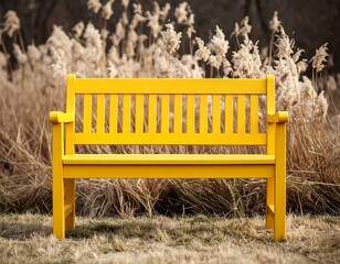 Empty yellow wooden park bench in a field of dried reeds