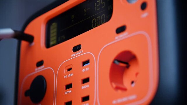 Hand turns on portable charging station and connects type-c cable. Technology and backup energy concept. Slow Motion Effect.