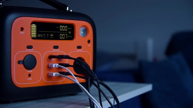Charging station is on the table with wires connected to it. Technology and backup energy concept. Slow Motion Effect.