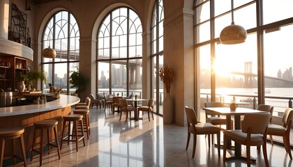 Fototapeta premium Urban Calm: A Café Interior Framed by a Beautiful Bridge for architectural visualization, co-working space ads, or commercial space listings, high-end real estate brochure