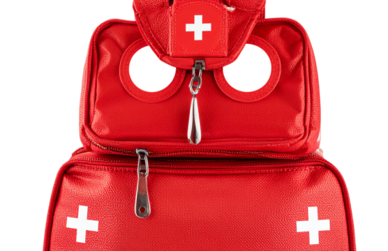  Closed red first aid bag with white medical cross symbol, portable and compact, isolated on transparent background, clean lightin PNG