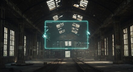 Abandoned industrial train station with futuristic glowing augmented reality digital interface overlay