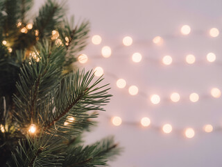 Festive pine branch with warm lights and bokeh background generative ai
