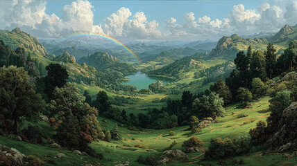 Fototapeta premium 美しい虹と広がる緑の丘・自然に包まれた牧歌的な村の風景・光に照らされた田園と青空・油彩風で描かれた高精細な山岳風景のイラスト・自然アート背景