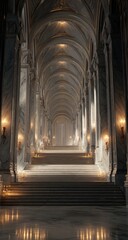 Obraz premium Grand, light-filled marble hallway with arched ceilings and ornate columns