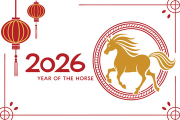Chinese New Year 2026 Horse Vector Golden Horse, Lanterns, Calligraphy Design.