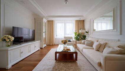 Modern living room interior with a sofa, coffee table, and wooden floor in a white minimalist style home decor. Scandinavian apartment with a window and curtains, a flat TV on the wall, and a cabinet 