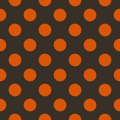 A grid of evenly spaced orange circles is set against a dark brown background, creating a striking geometric pattern. The repetition and symmetry provide a sense of order and rhythm.