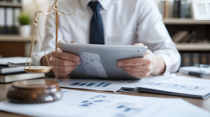 Justice, reading and tablet with lawyer man in office for court case preparation or litigation. Information legal and research with attorney person in workplace for law firm prosecution or trial