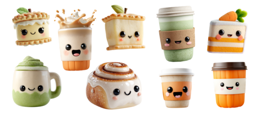 Adorable 3d autumn coffee cups and desserts with happy faces, each illustrated in a playful, kawaii aesthetic on transparent background