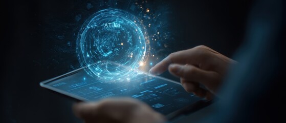 The futuristic tablet projecting a holographic interface for banking solutions.