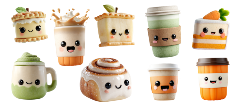 Adorable 3d autumn coffee cups and desserts with happy faces, each illustrated in a playful, kawaii aesthetic on transparent background