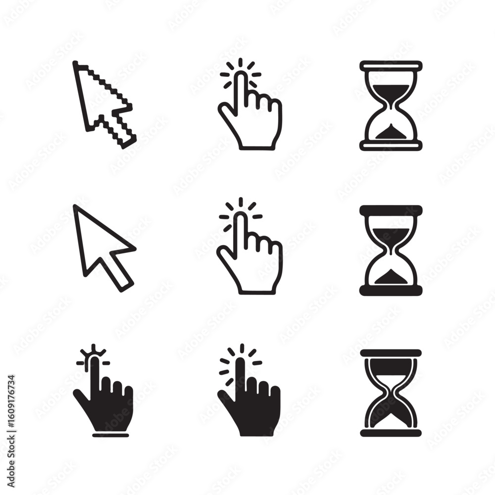 Poster digital interface symbols representing actions black and white computer mouse clicks and waiting loa
