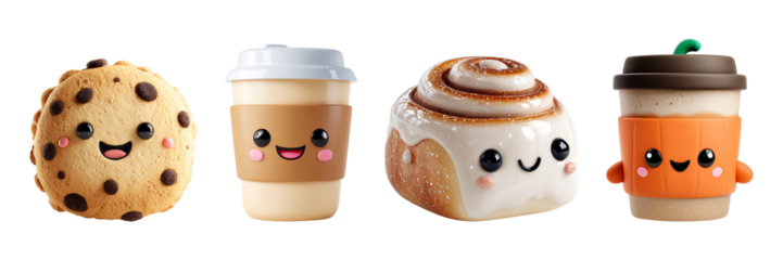 3d Cute Cookie, Coffee, and Pastry Characters with Smiling Faces