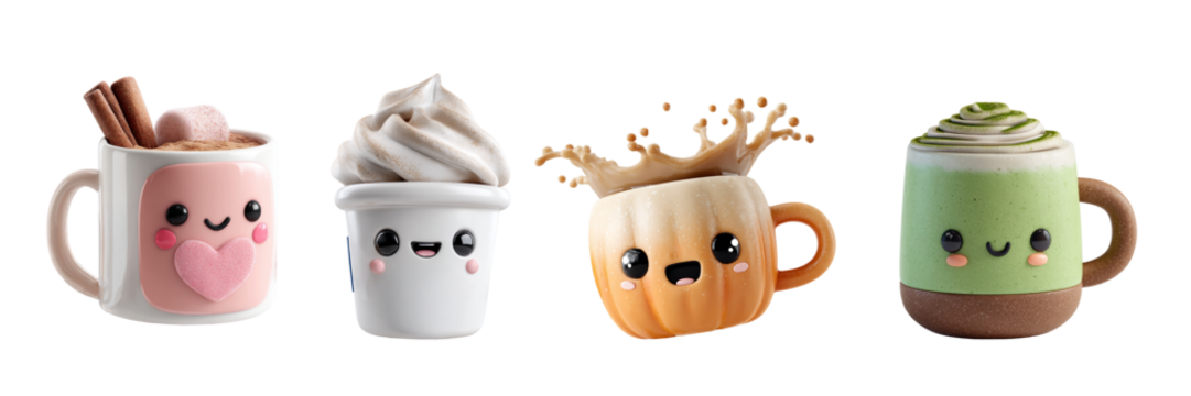 Cute Kawaii Mugs with Hot Drinks and Smiling Faces - Powered by Adobe