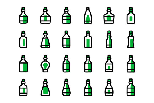 A collection of clean modern line art icons representing various types of bottles with adjustable stroke weight for versatile design applications
